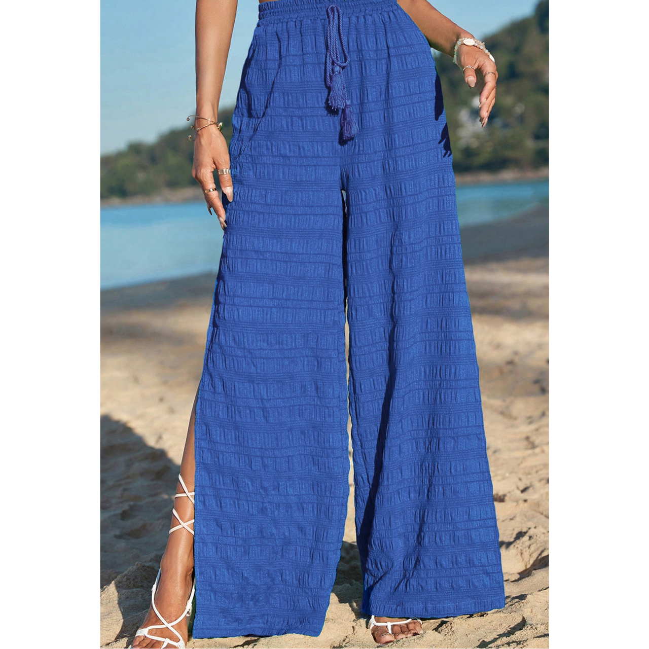 Dark Blue Textured Split Wide Leg Solid Pants