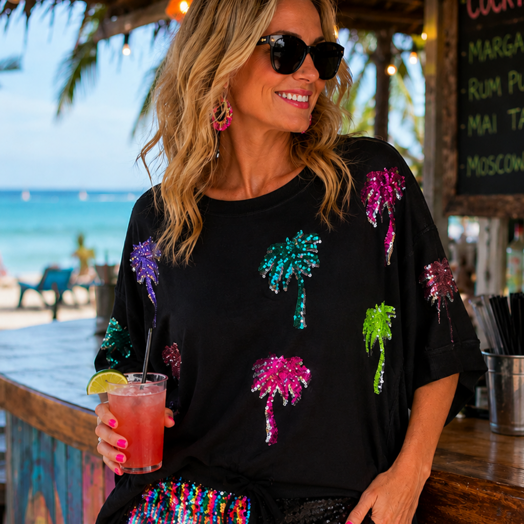 Women's Short Sleeve Sequins Palm Tree Graphic Oversized High Low T-Shirt