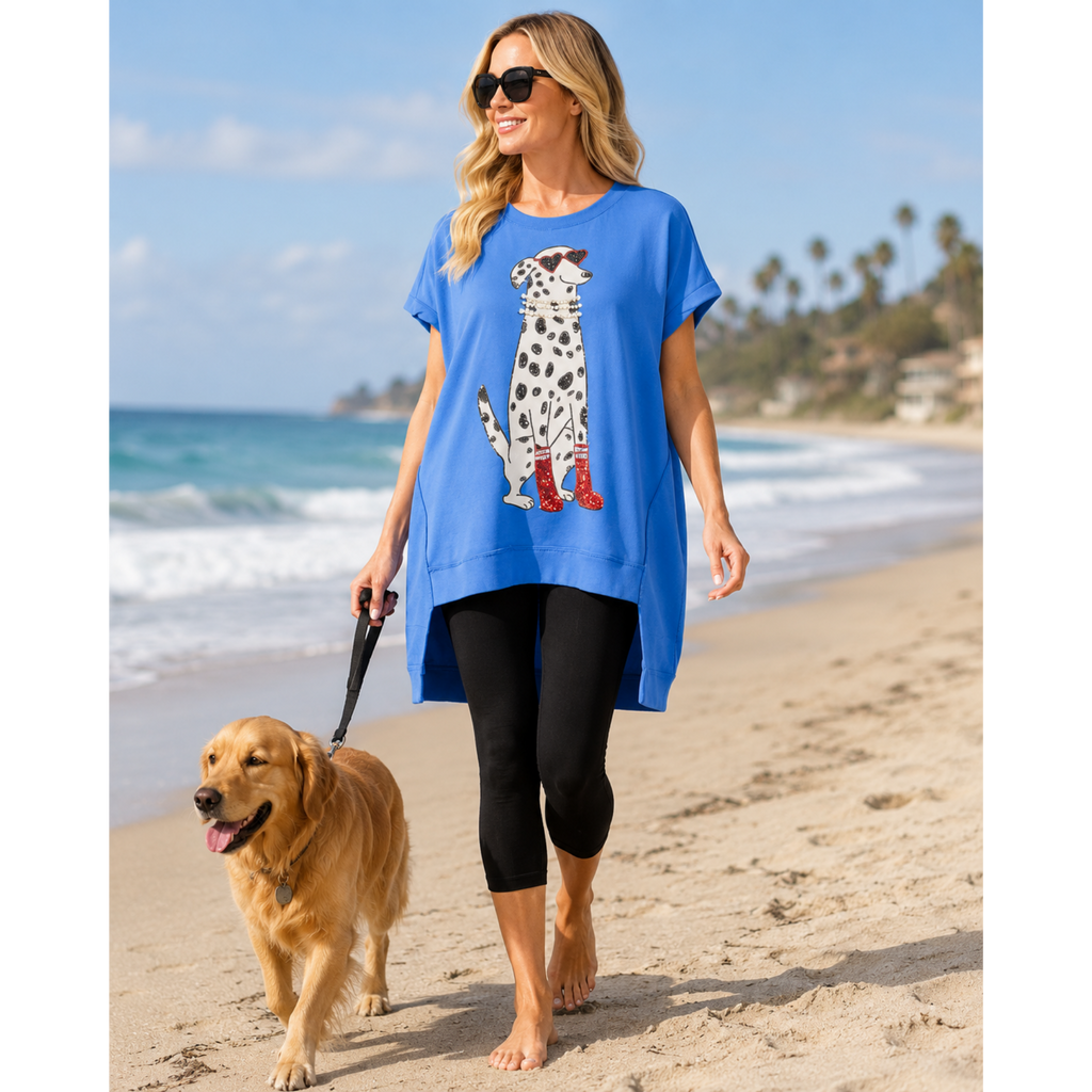 Women's Short Sleeve Sequins Fancy Pooch Graphic Oversized High Low T-Shirt