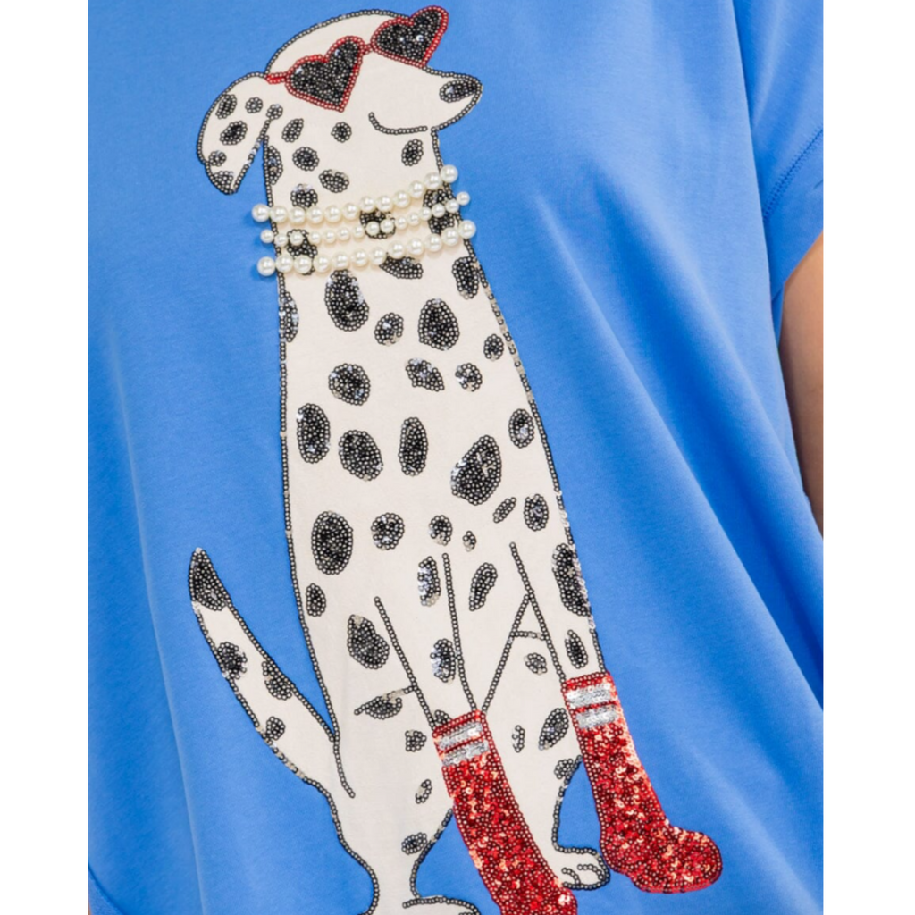 Women's Short Sleeve Sequins Fancy Pooch Graphic Oversized High Low T-Shirt