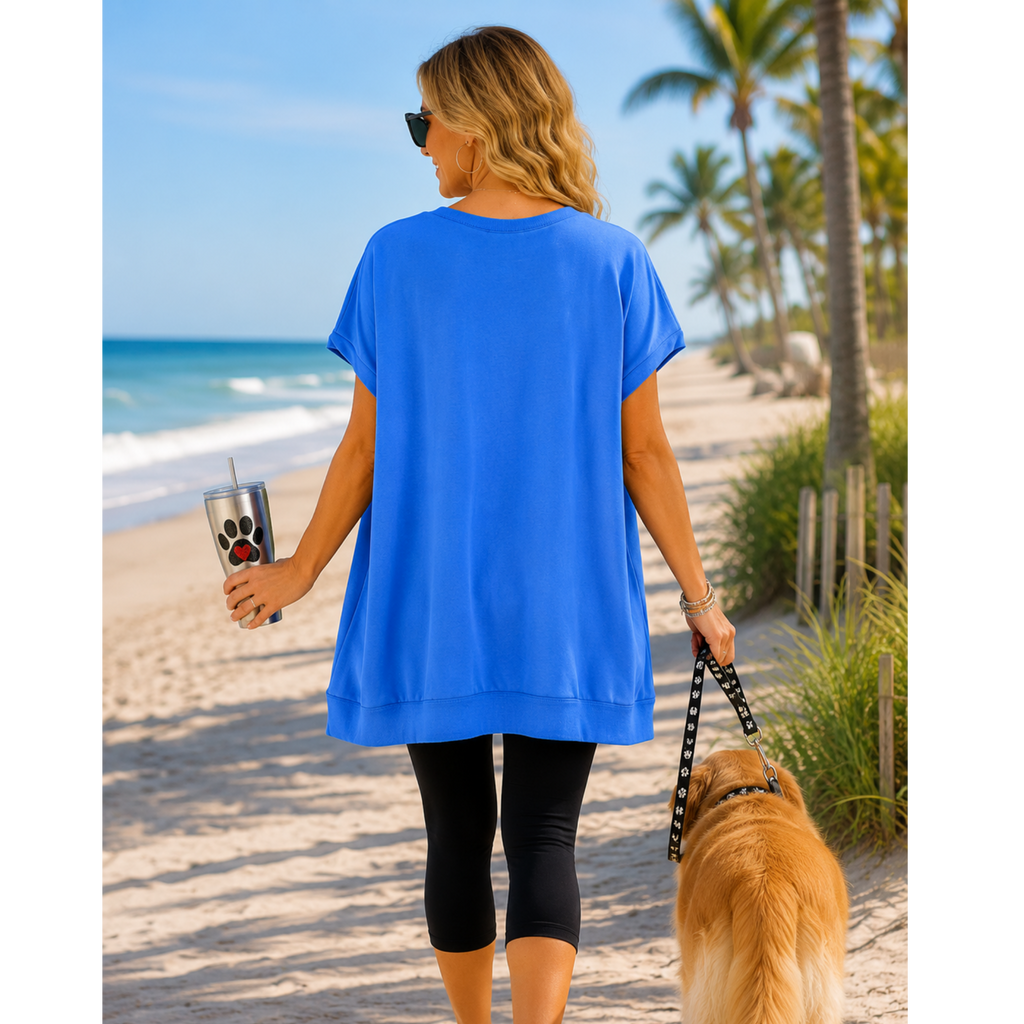 Women's Short Sleeve Sequins Fancy Pooch Graphic Oversized High Low T-Shirt