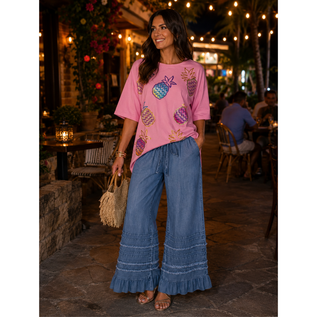 Women's Short Sleeve Sequins Pineapples Graphic Oversized  T-Shirt