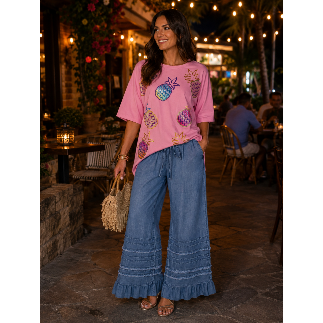 Dusk Blue Ruffled Hem Wide Leg Chambray Pants