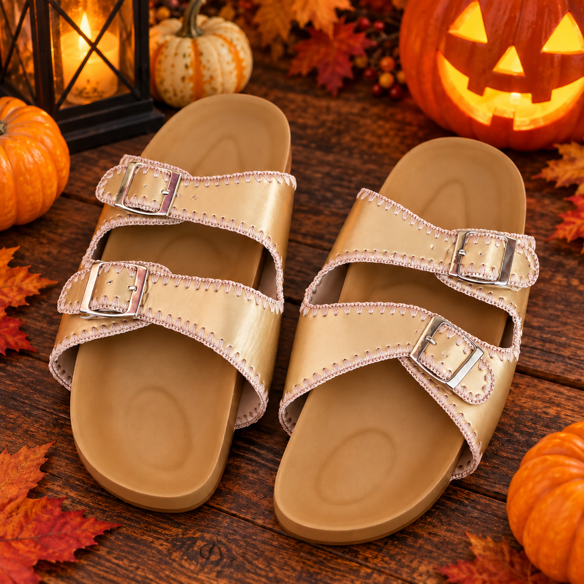 Champagne Gold Whipstitch Double Buckle Slide Sandals