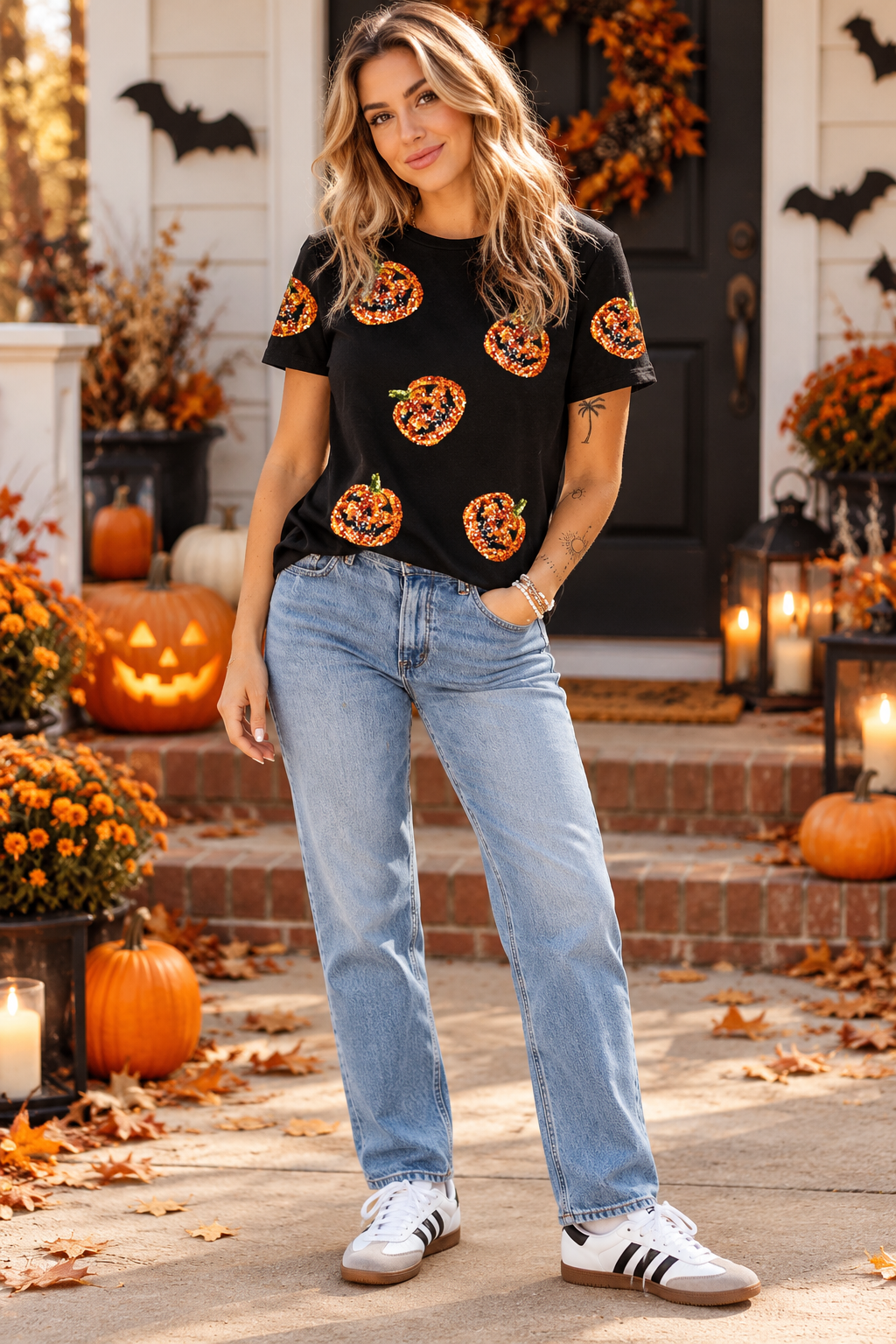 Black Sequin Pumpkin Face Halloween Tee