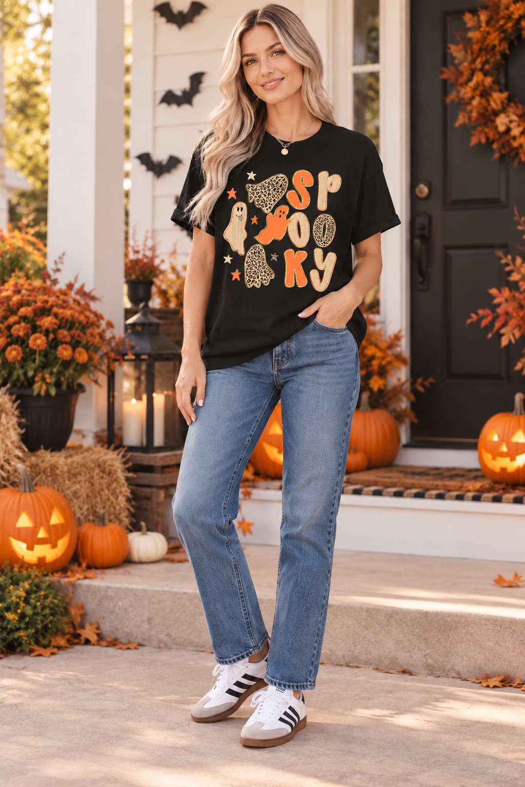 Spooky Ghost Black Graphic Crewneck T-Shirt