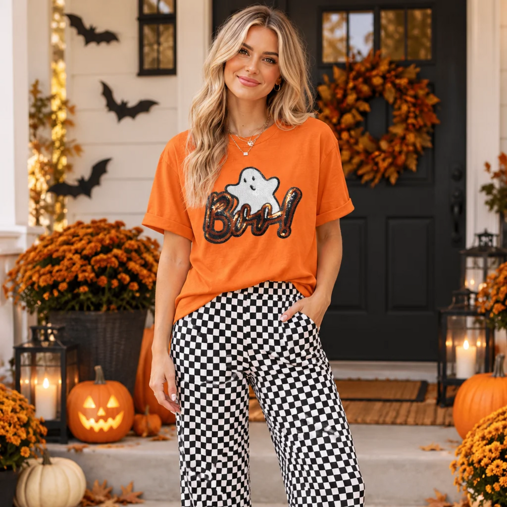 Orange Sequin Ghost Halloween T-Shirt