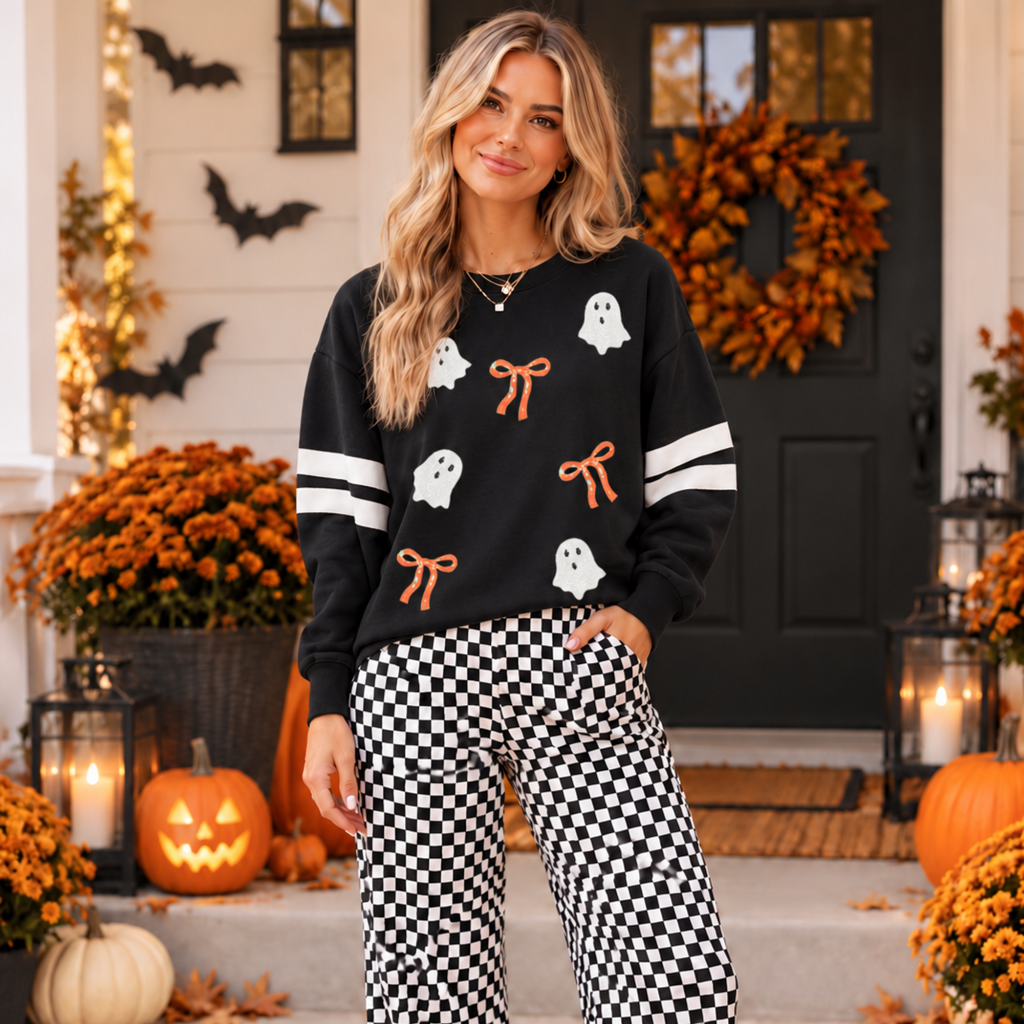 Black Sequin Ghost & Bow Varsity Stripe Sweatshirt