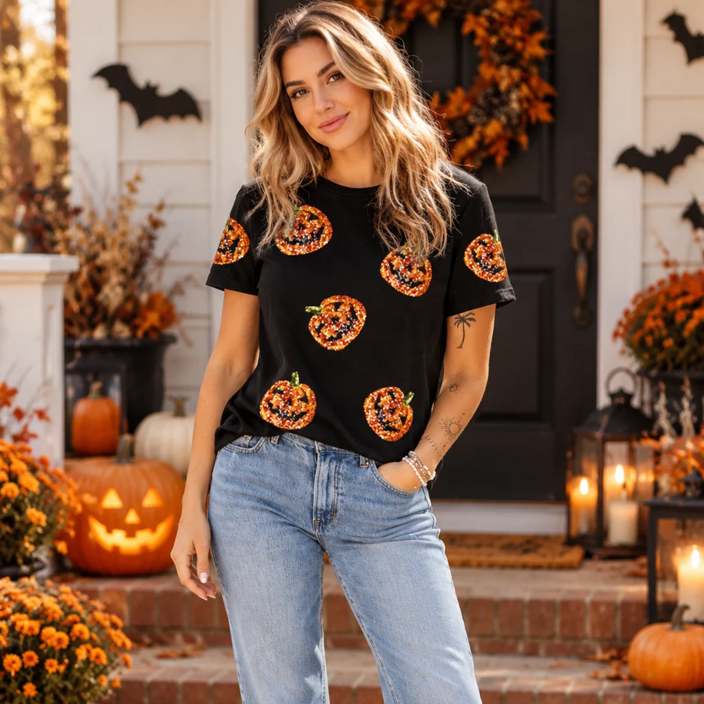 Black Sequin Pumpkin Face Halloween Tee