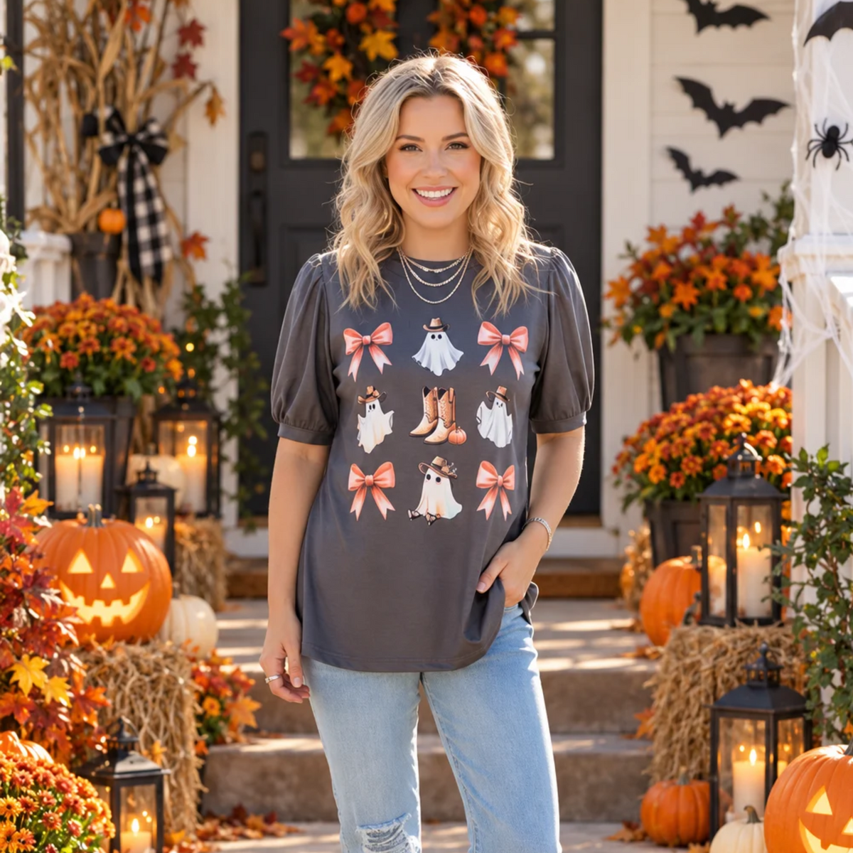 Dark Grey Western Ghost & Bow Puff Sleeve Top