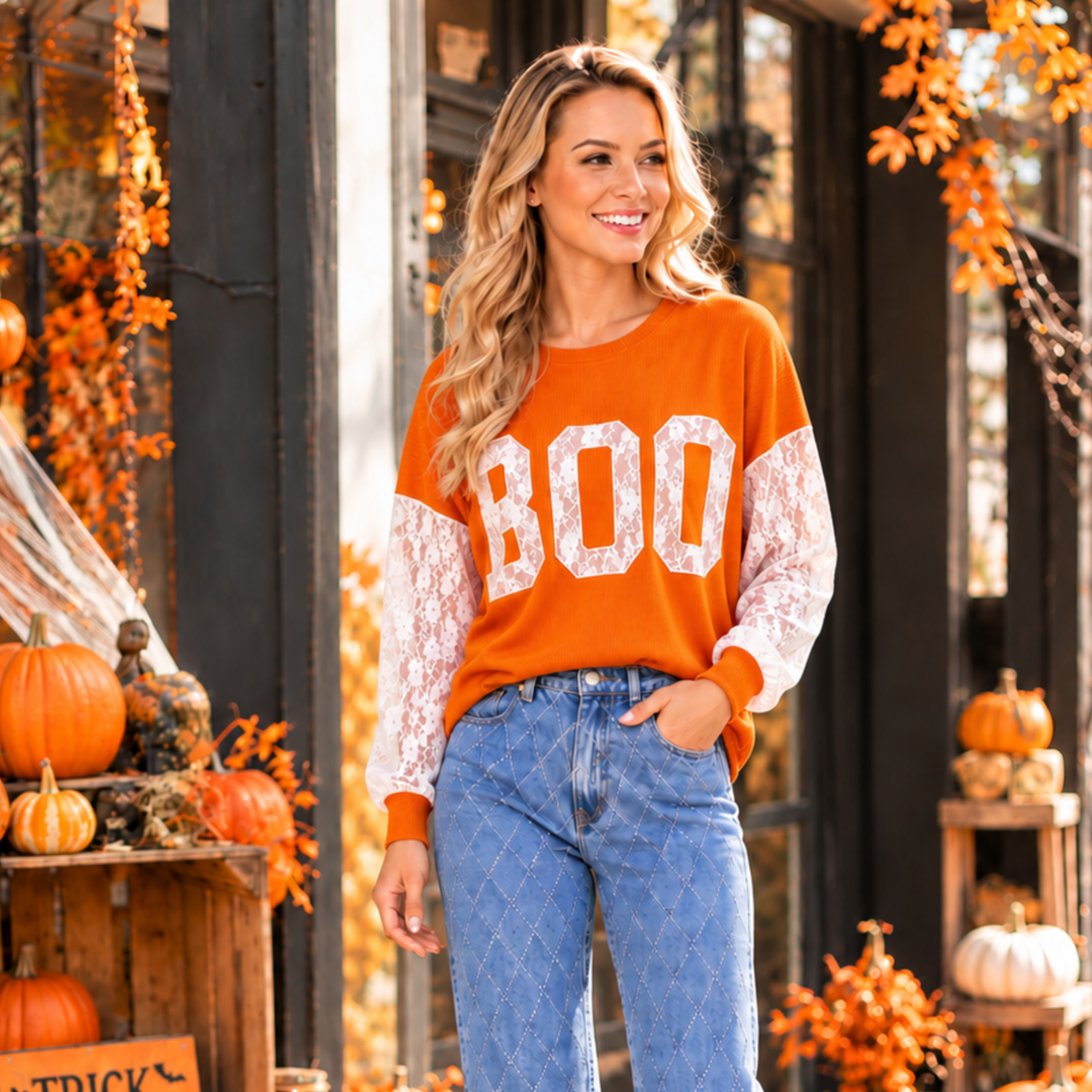 Boo Embroidered Lace Long Sleeve Top