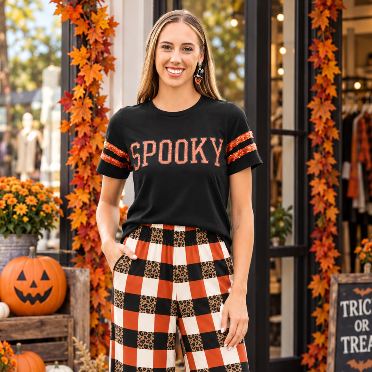 Spooky Sequin Letter and Striped Short Sleeve Top