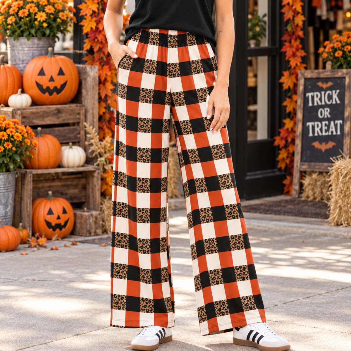 Leopard Gingham Wide-Leg Pants