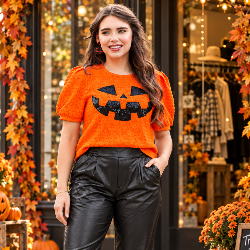 Sequined Pumpkin Face Halloween Pumpkin Top With Puff Sleeves