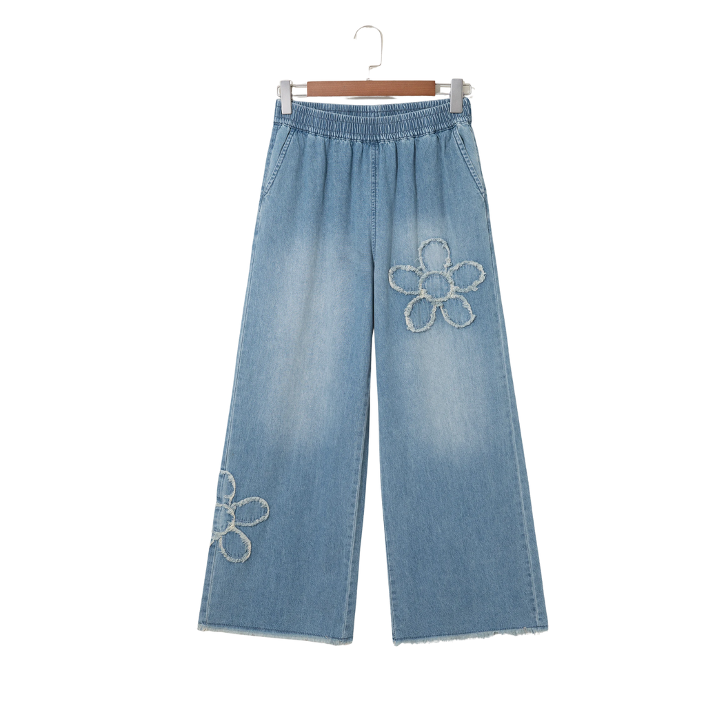 Beau Blue Frayed Floral Patch Wide Leg Raw Hem Wide Leg Jeans