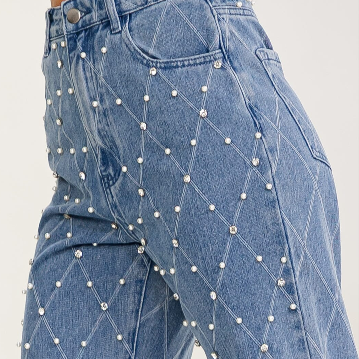 Pearl & Stone Embellished Wide-Leg Jeans