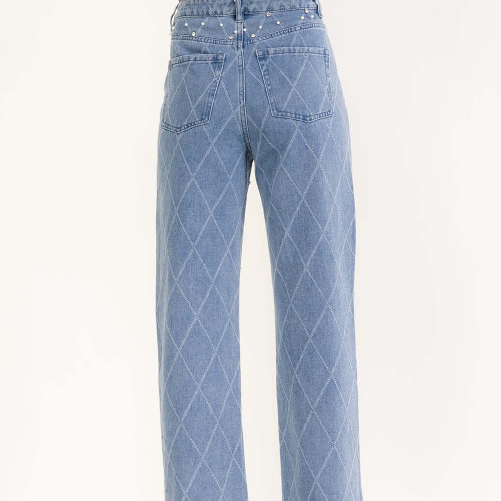 Pearl & Stone Embellished Wide-Leg Jeans