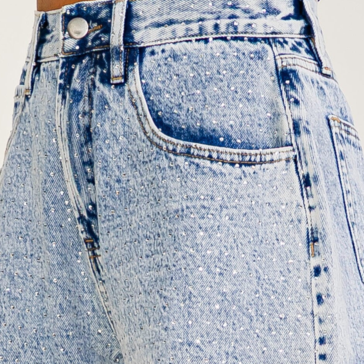 Rhinestone Raw-Hem Denim Mini Shorts