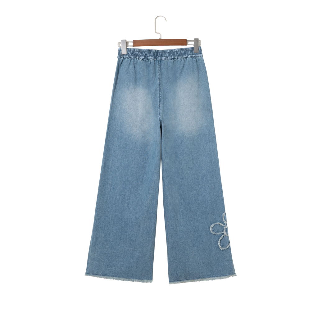 Beau Blue Frayed Floral Patch Wide Leg Raw Hem Wide Leg Jeans