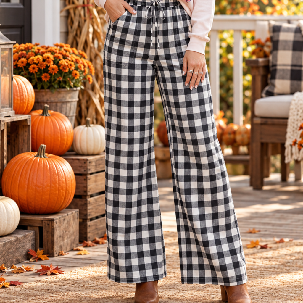 Blue Gingham Plaid Tie Elastic Waist Shift Pants