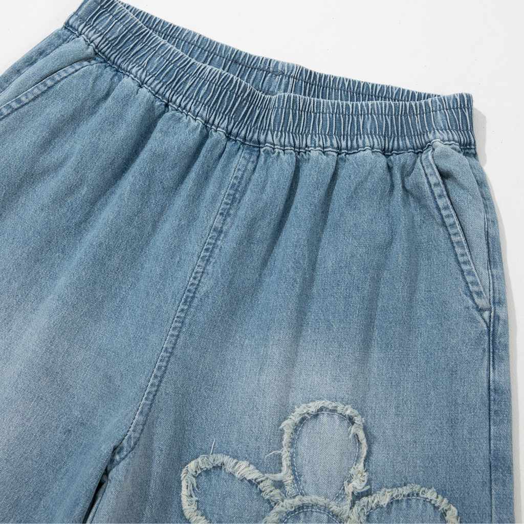 Beau Blue Frayed Floral Patch Wide Leg Raw Hem Wide Leg Jeans