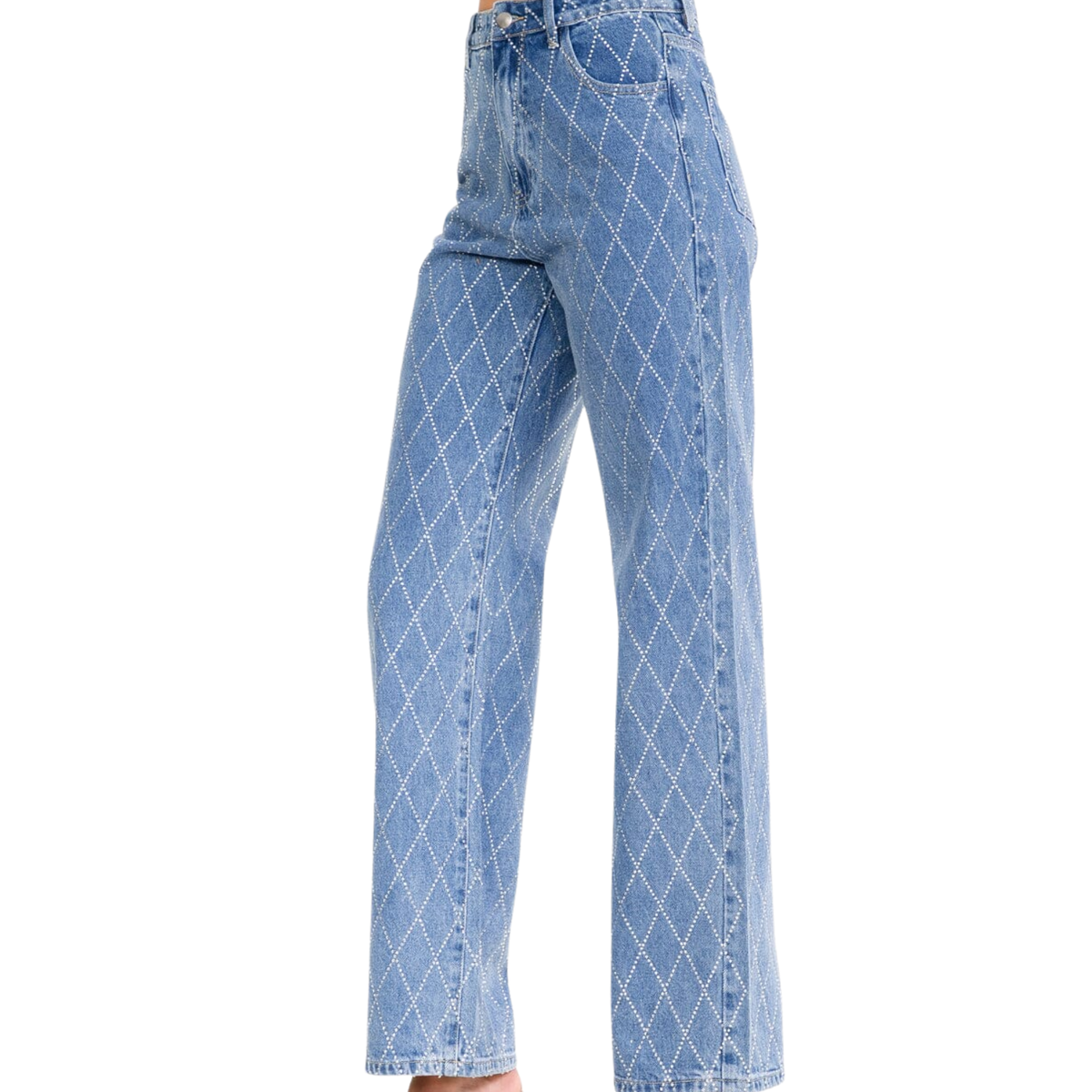 Women's Button Closure Rhinestones Straight Leg Denim Jeans