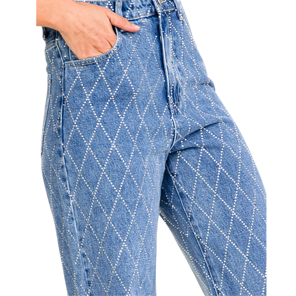 Women's Button Closure Rhinestones Straight Leg Denim Jeans