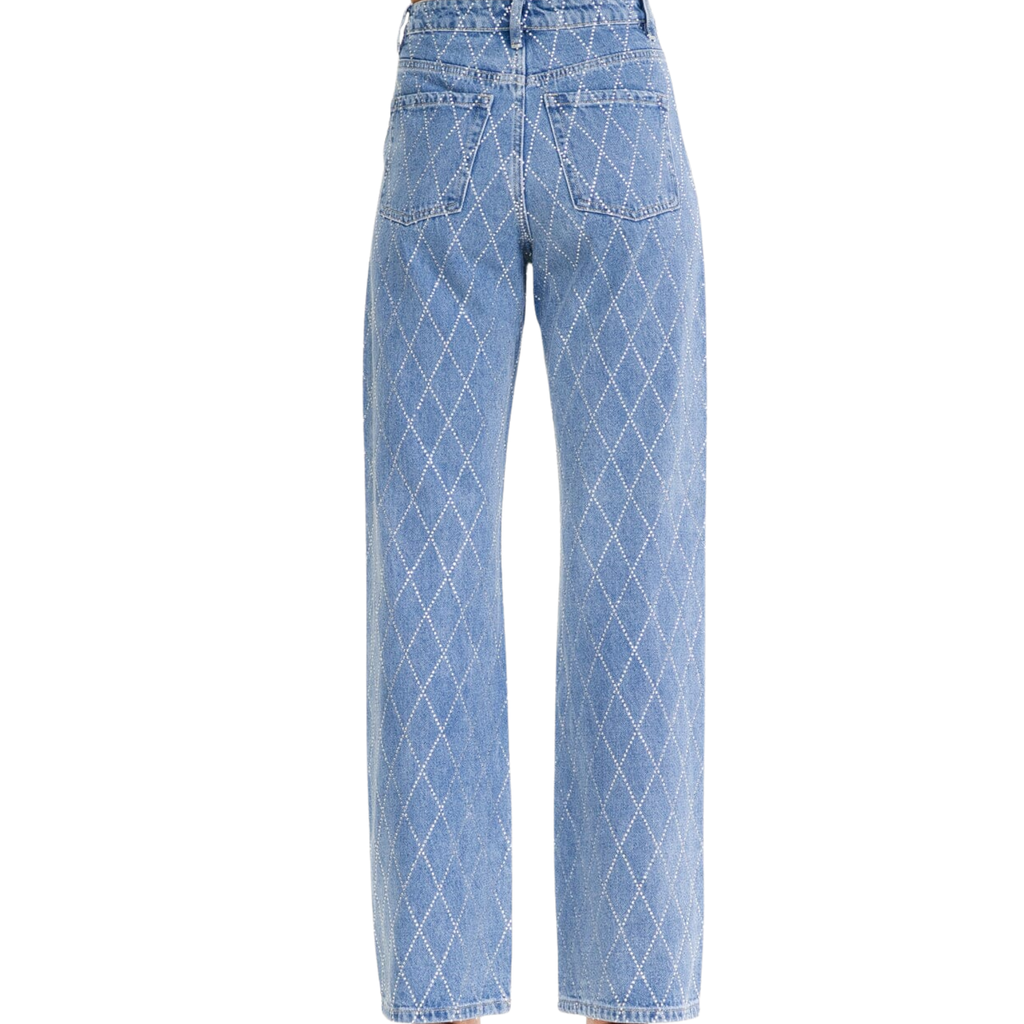 Women's Button Closure Rhinestones Straight Leg Denim Jeans