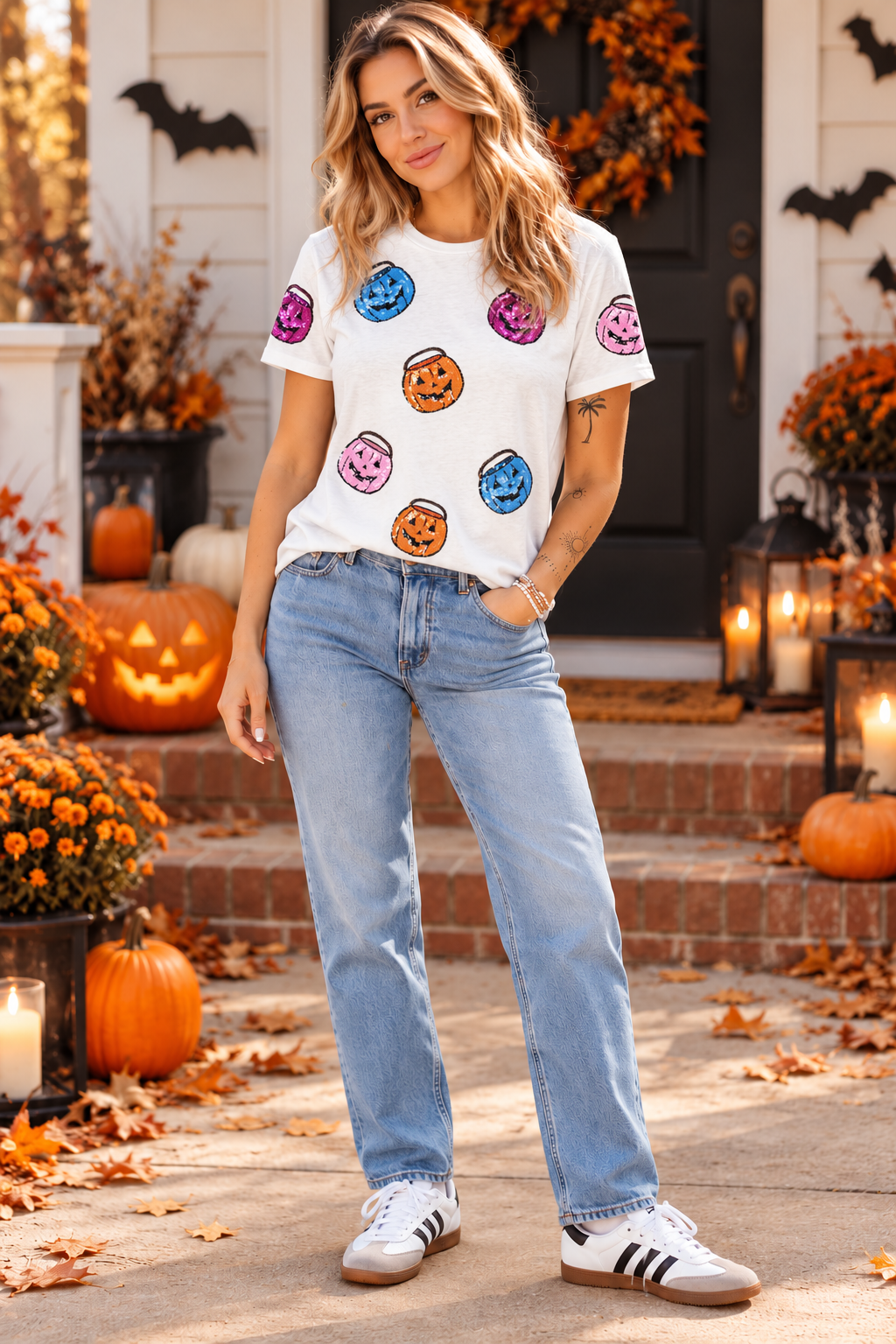 White Sequin Pumpkin Face Halloween Tee
